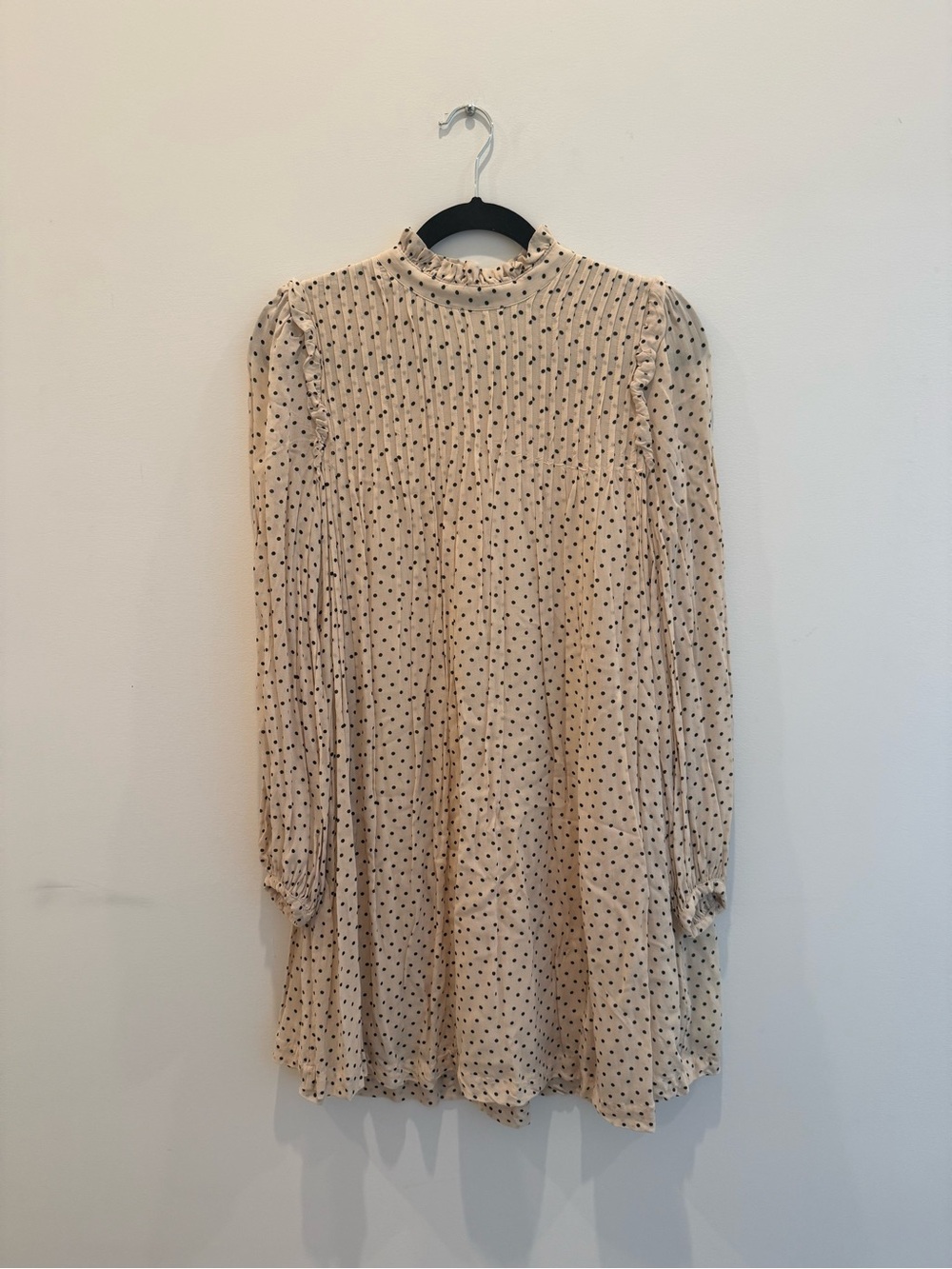 Ganni Cream Polka Dot Long Sleeve Mini Dress